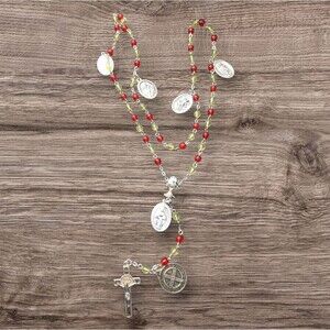 Elegant Silver Tone Red Yellow Beaded Necklace Rosary Jewelry Unisex Man Women